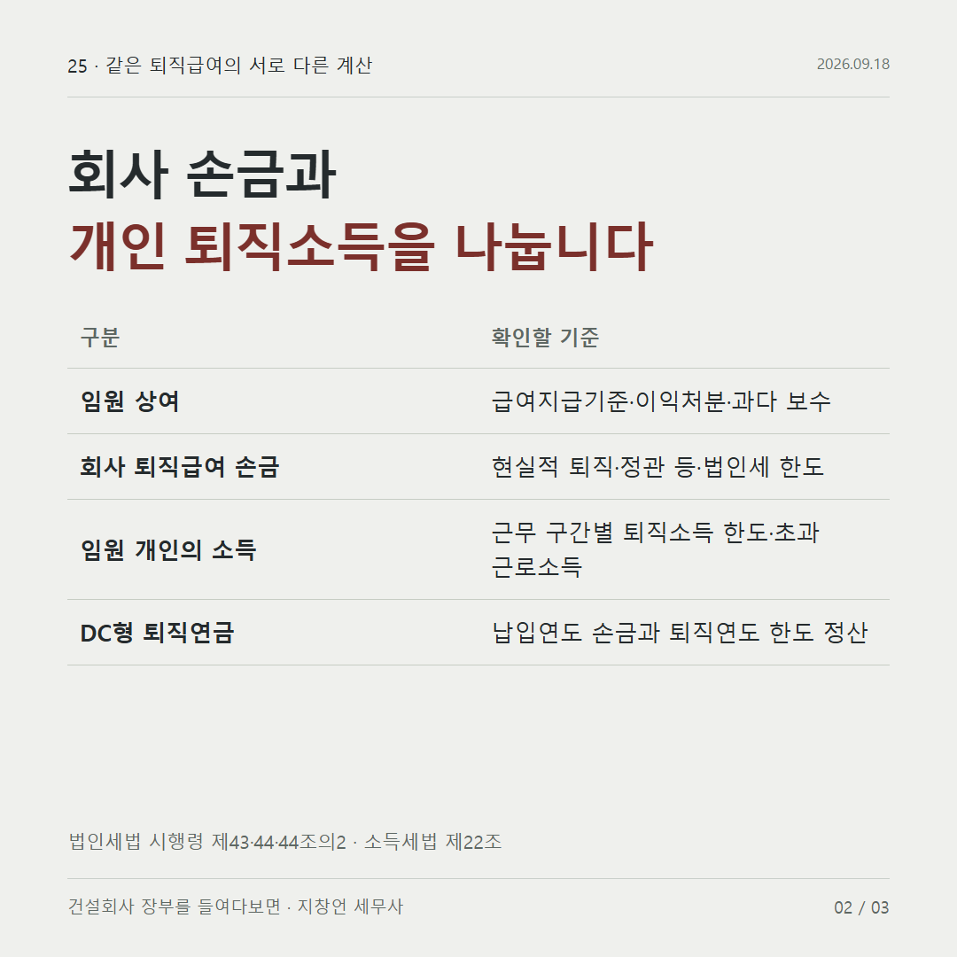 회사 손금과 개인 퇴직소득을 나눕니다