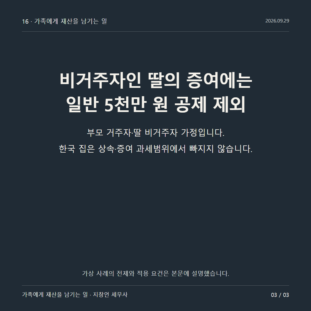 비거주자인 딸의 증여에는 일반 5천만 원 공제 제외