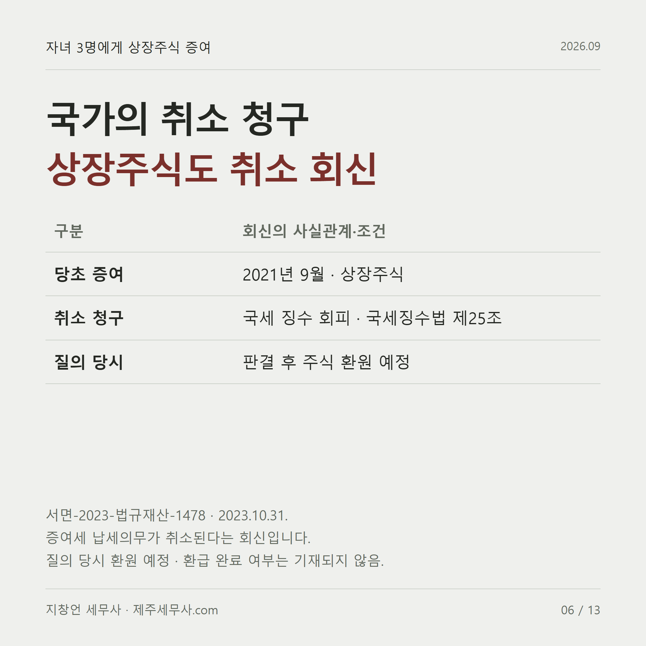 국가의 취소 청구 상장주식도 취소 회신 서면-2023-법규재산-1478 · 2023.10.31. 증여세 납세의무가 취소된다는 회신입니다. 질의 당시 환원 예정 · 환급 완료 여부는 기재되지 않음.