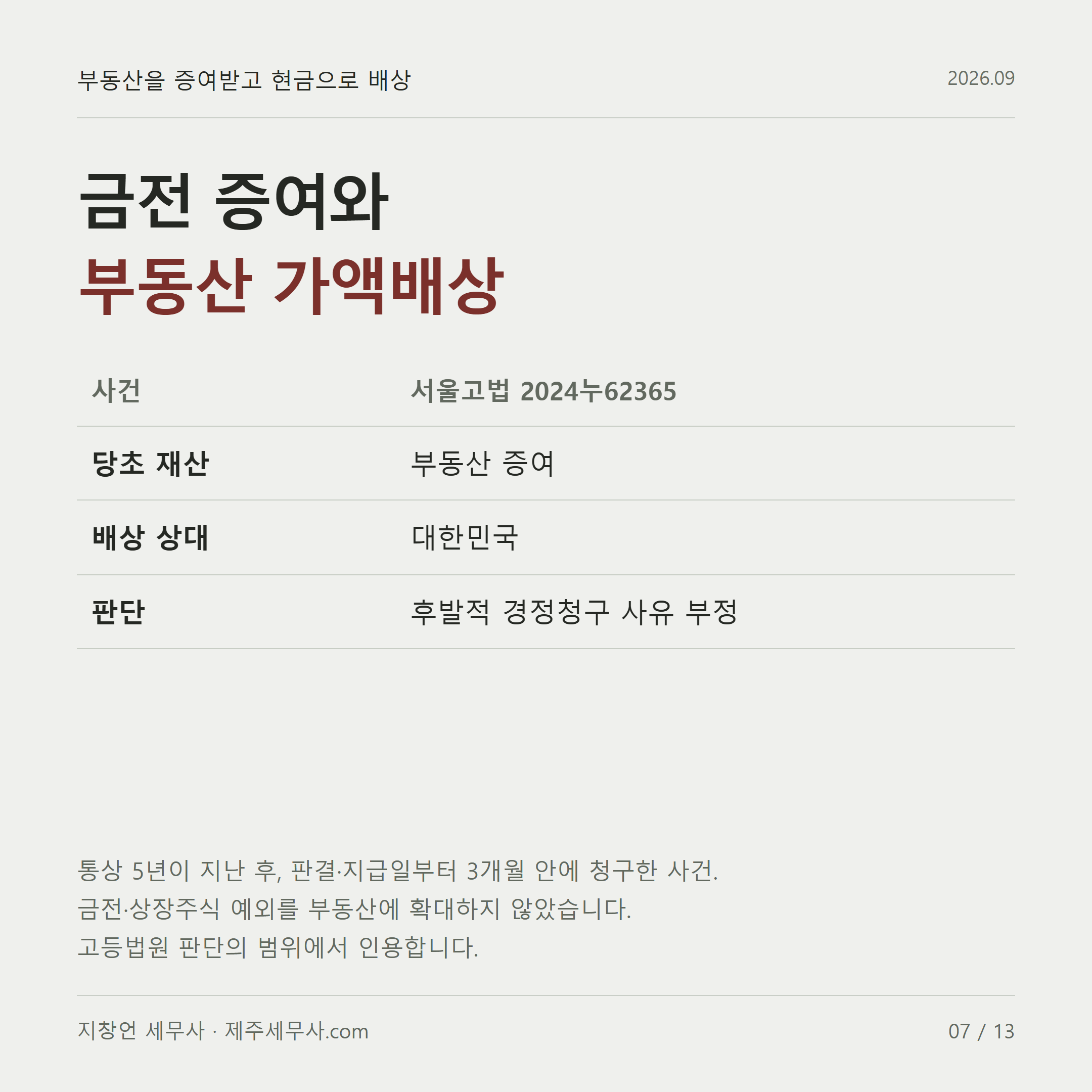 금전 증여와 부동산 가액배상 통상 5년이 지난 후, 판결·지급일부터 3개월 안에 청구한 사건. 금전·상장주식 예외를 부동산에 확대하지 않았습니다. 고등법원 판단의 범위에서 인용합니다.